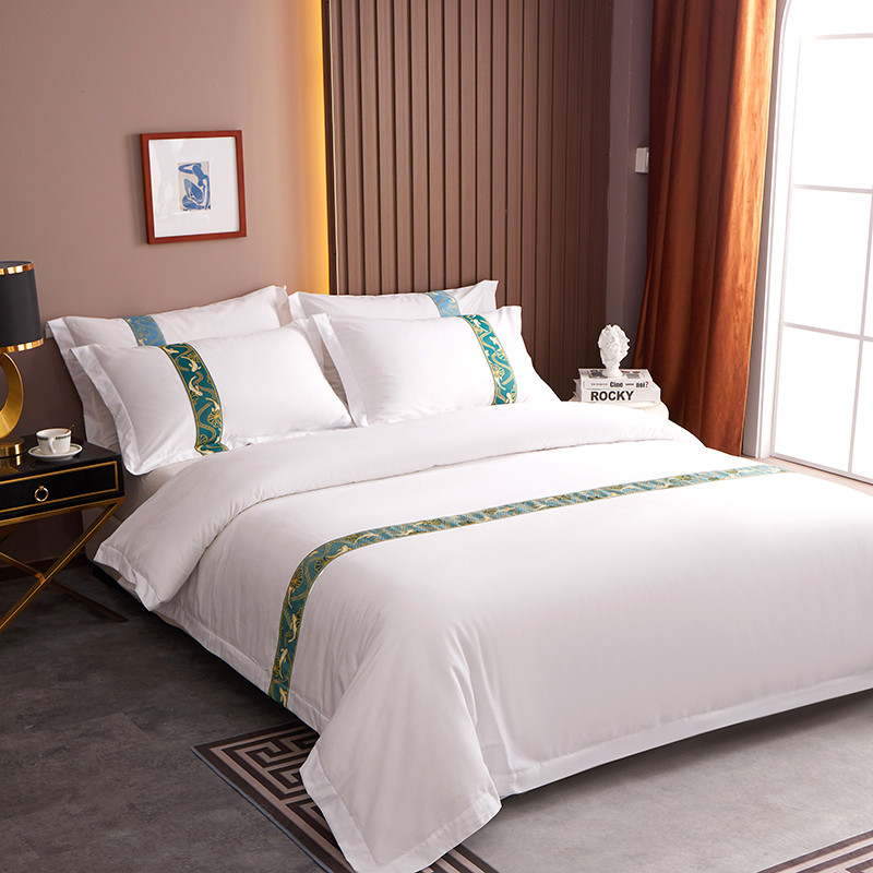 Jacquard-teippisisustus Räätälöidyt 60S puuvillaset hotellivuodevaatteet Jacquard-teippisisustus Räätälöidyt 60S puuvillaset hotellivuodevaatteet